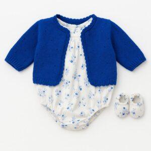 Conjunto Floral Azul com Casaquinho de Tricô